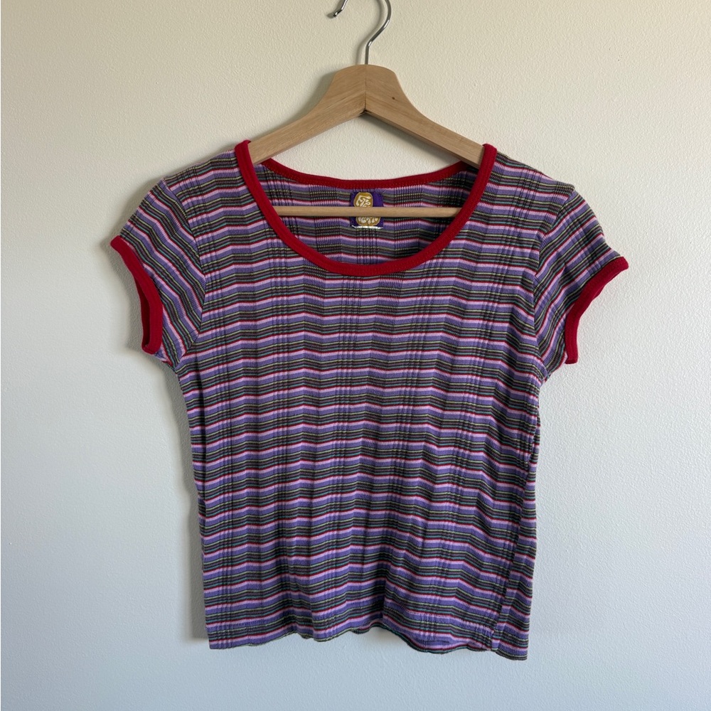 Vintage 90s Free People Purple Striped Short Sleeve Tee with Red Trim
